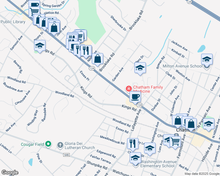 map of restaurants, bars, coffee shops, grocery stores, and more near 555 Main Street in Chatham
