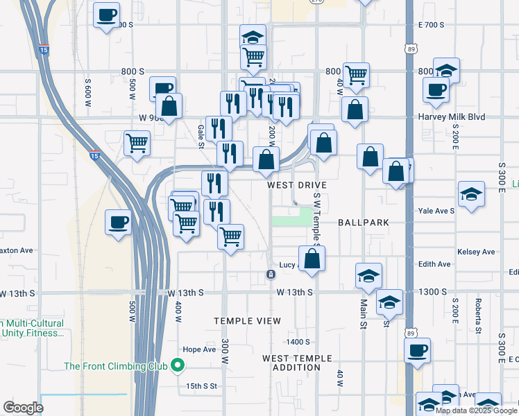 map of restaurants, bars, coffee shops, grocery stores, and more near 1050 South 200 West in Salt Lake City