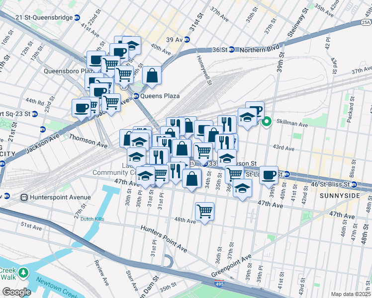 map of restaurants, bars, coffee shops, grocery stores, and more near 43-10 Van Dam Street in Queens