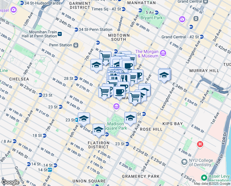 map of restaurants, bars, coffee shops, grocery stores, and more near 16 West 29th Street in New York