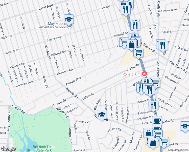 map of restaurants, bars, coffee shops, grocery stores, and more near 92 Erlanger Boulevard in North Babylon