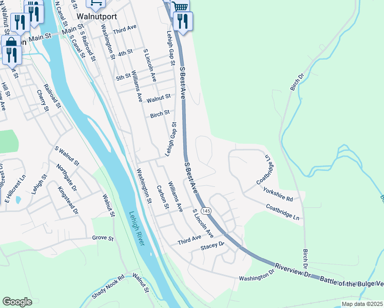 map of restaurants, bars, coffee shops, grocery stores, and more near 33 View Drive in Walnutport
