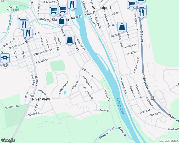 map of restaurants, bars, coffee shops, grocery stores, and more near 453 South Walnut Street in Slatington