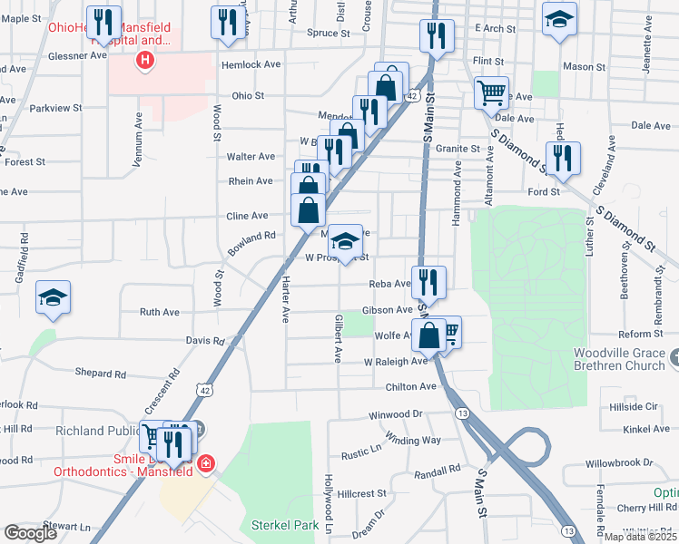 map of restaurants, bars, coffee shops, grocery stores, and more near 485 Gilbert Avenue in Mansfield