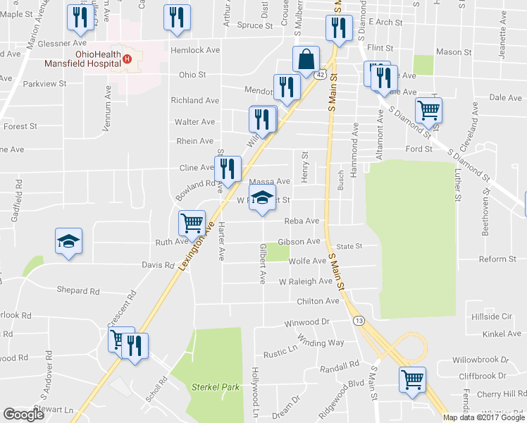 map of restaurants, bars, coffee shops, grocery stores, and more near 485 Gilbert Avenue in Mansfield