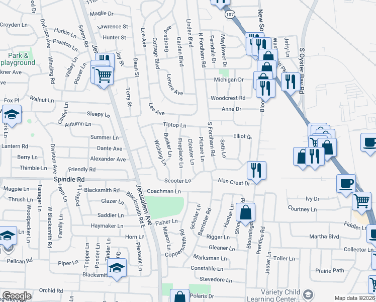 map of restaurants, bars, coffee shops, grocery stores, and more near 24 Cloister Lane in Hicksville