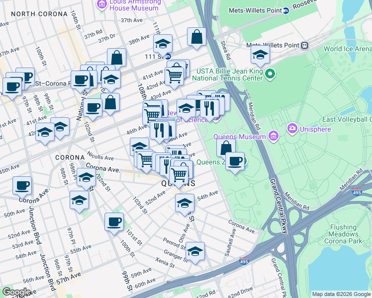 map of restaurants, bars, coffee shops, grocery stores, and more near 108-53 49th Avenue in Queens