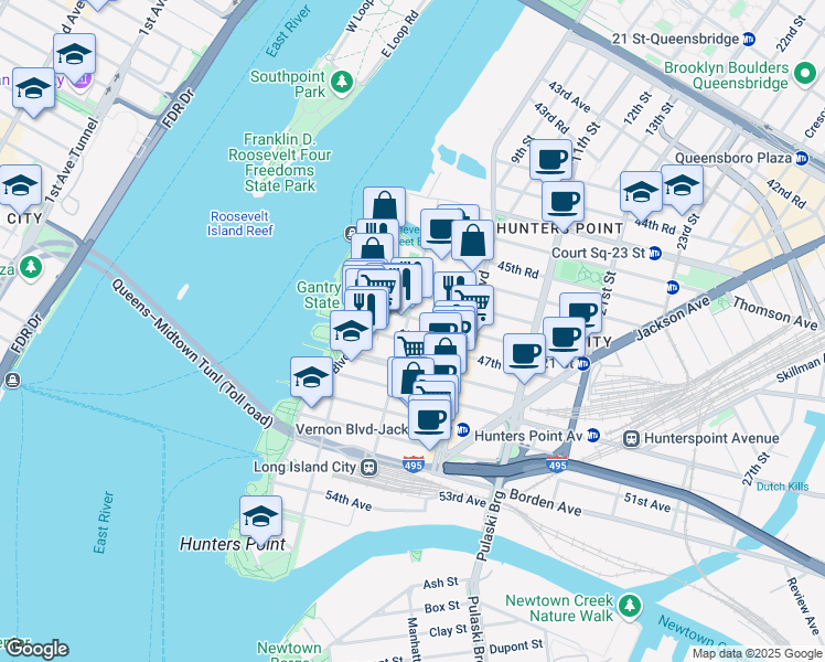 map of restaurants, bars, coffee shops, grocery stores, and more near 1-59 47th Avenue in Queens