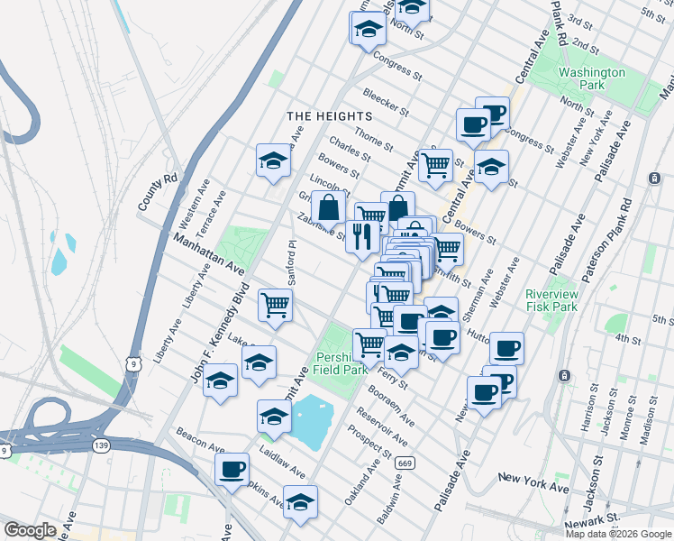 map of restaurants, bars, coffee shops, grocery stores, and more near 174 Hutton Street in Jersey City