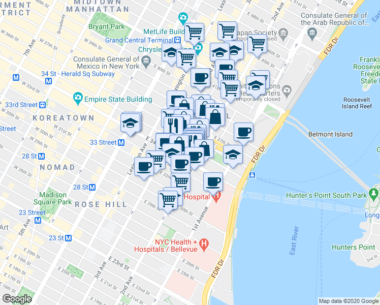 map of restaurants, bars, coffee shops, grocery stores, and more near 240 East 35th Street in New York