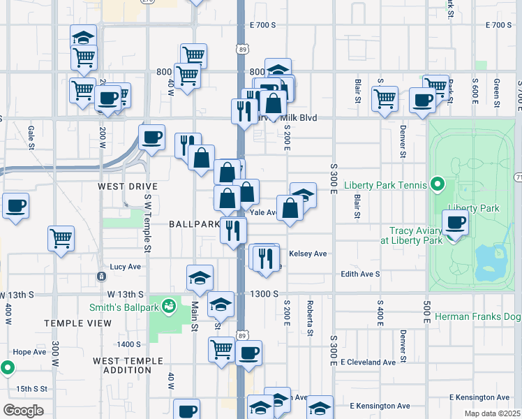map of restaurants, bars, coffee shops, grocery stores, and more near 154 Herbert Avenue South in Salt Lake City