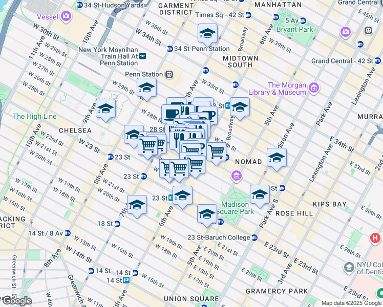 map of restaurants, bars, coffee shops, grocery stores, and more near 121 West 27th Street in New York