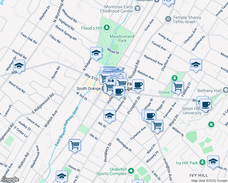 map of restaurants, bars, coffee shops, grocery stores, and more near 14 Route 510 in South Orange