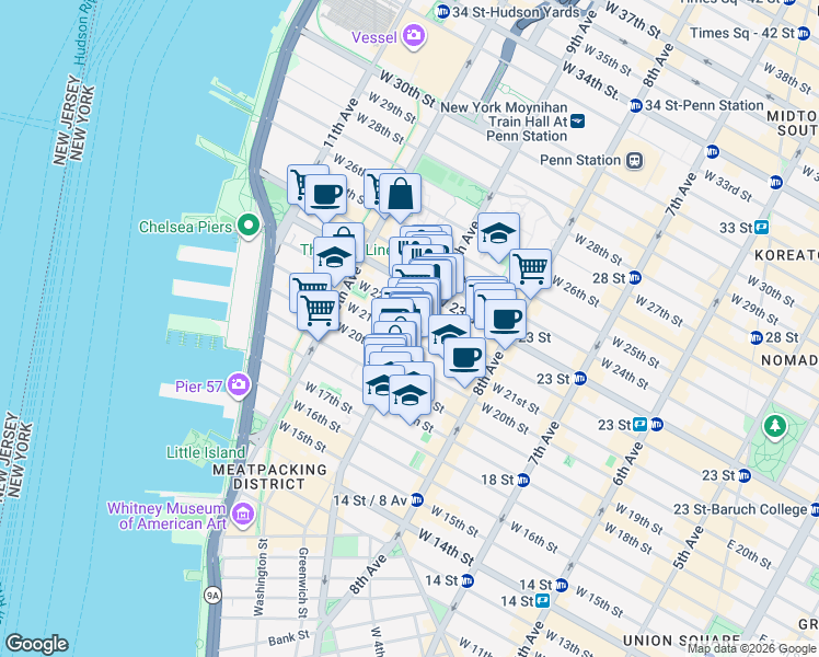 map of restaurants, bars, coffee shops, grocery stores, and more near 414 West 22nd Street in New York