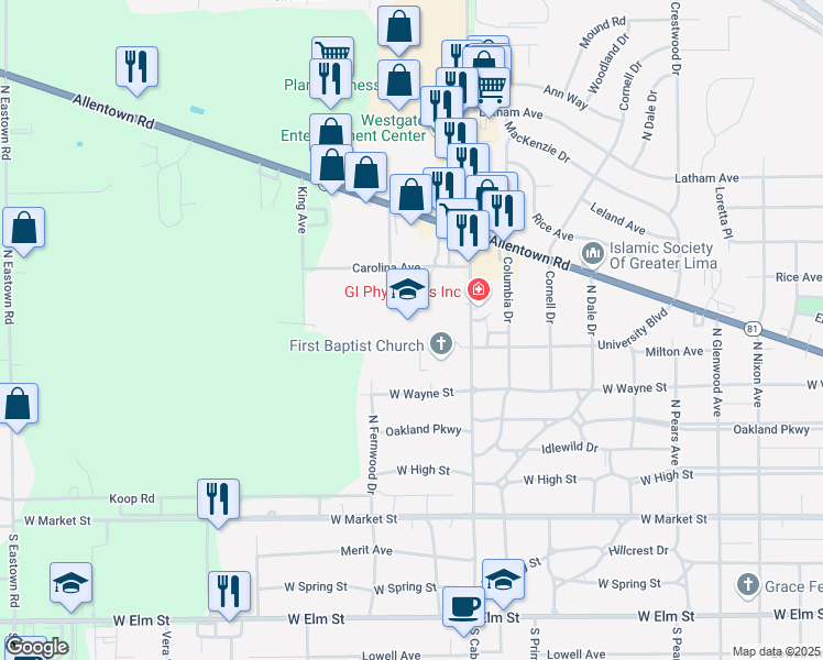 map of restaurants, bars, coffee shops, grocery stores, and more near 503 North Cable Road in Lima