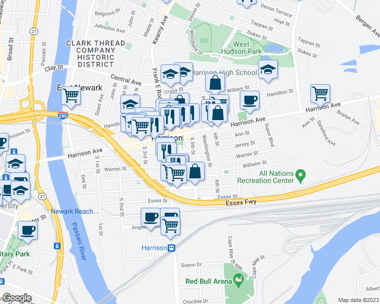 map of restaurants, bars, coffee shops, grocery stores, and more near 22 South 5th Street in Harrison