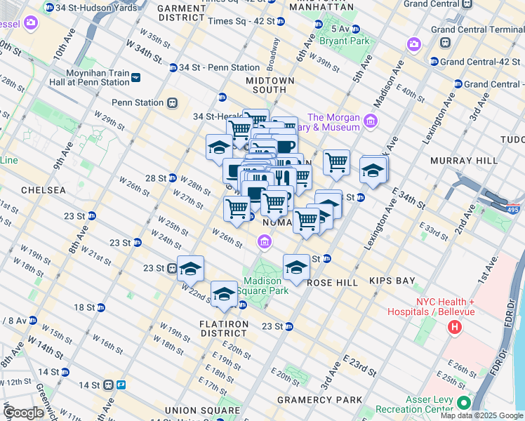 map of restaurants, bars, coffee shops, grocery stores, and more near 14 West 29th Street in New York