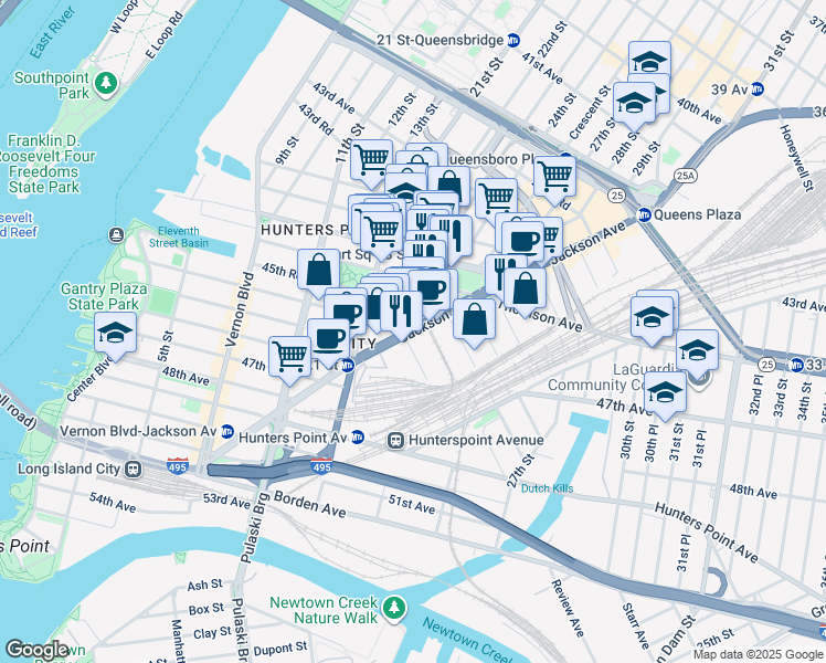 map of restaurants, bars, coffee shops, grocery stores, and more near Jackson Avenue in Queens