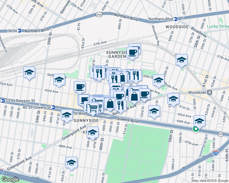 map of restaurants, bars, coffee shops, grocery stores, and more near 41-22 49th Street in Queens
