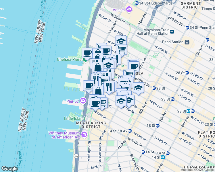 map of restaurants, bars, coffee shops, grocery stores, and more near 153 10th Avenue in New York