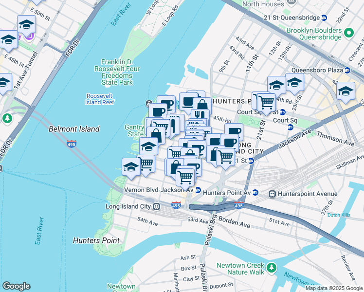 map of restaurants, bars, coffee shops, grocery stores, and more near 5-11 47th Avenue in Queens