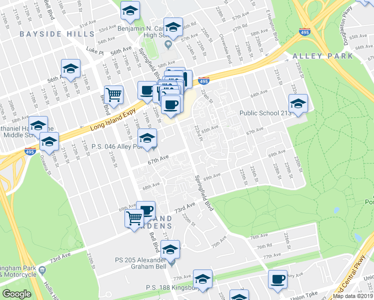 map of restaurants, bars, coffee shops, grocery stores, and more near 64-43 Springfield Boulevard in Queens