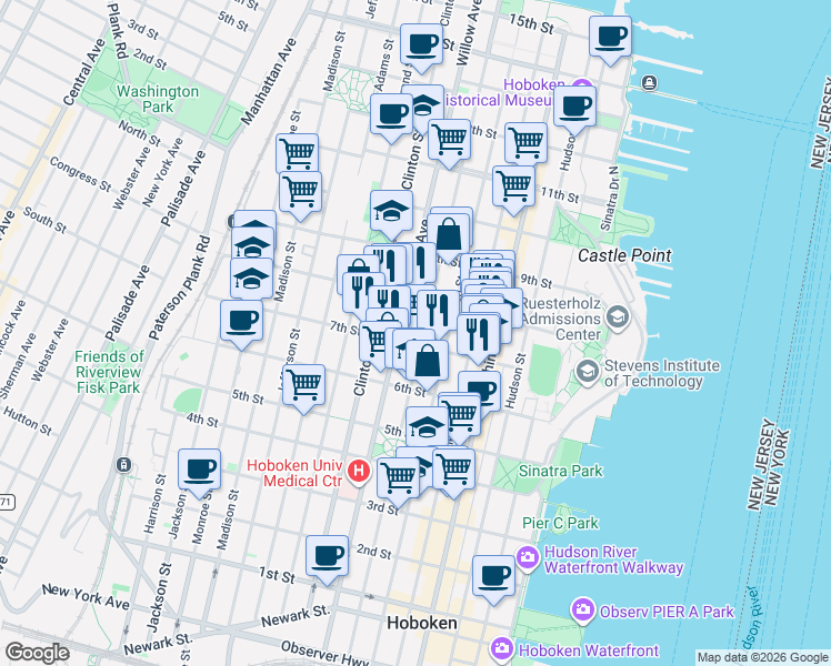 map of restaurants, bars, coffee shops, grocery stores, and more near 727 Park Avenue in Hoboken