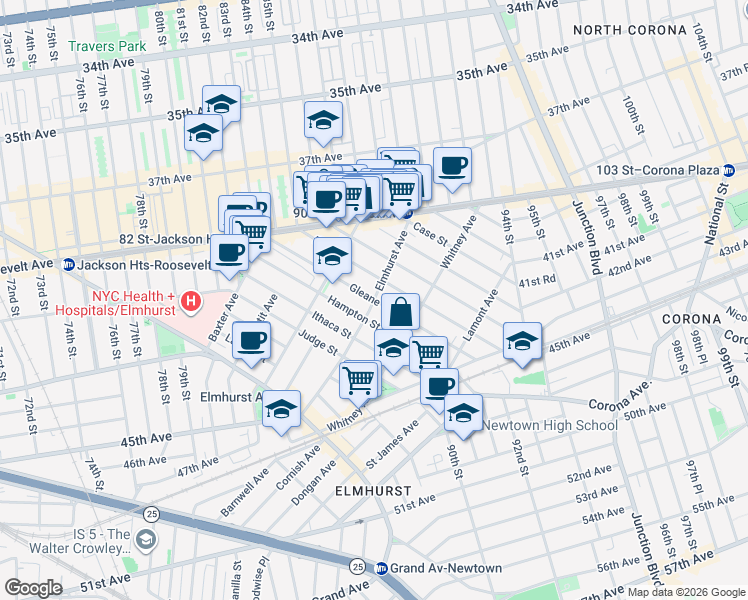 map of restaurants, bars, coffee shops, grocery stores, and more near 88-11 Elmhurst Avenue in Queens