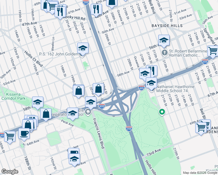 map of restaurants, bars, coffee shops, grocery stores, and more near 58-48 Clearview Expressway Service Road in Queens