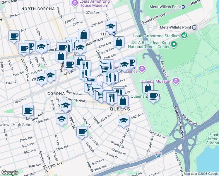 map of restaurants, bars, coffee shops, grocery stores, and more near 46-20 108th Street in Queens