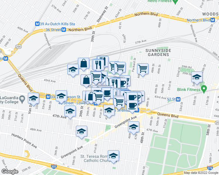 map of restaurants, bars, coffee shops, grocery stores, and more near 41-33 42nd Street in Queens