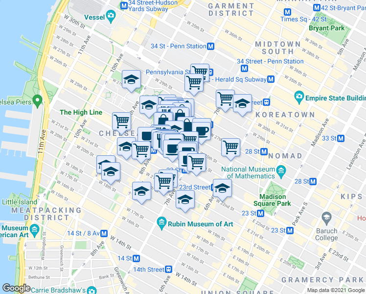 map of restaurants, bars, coffee shops, grocery stores, and more near 231 West 24th Street in New York