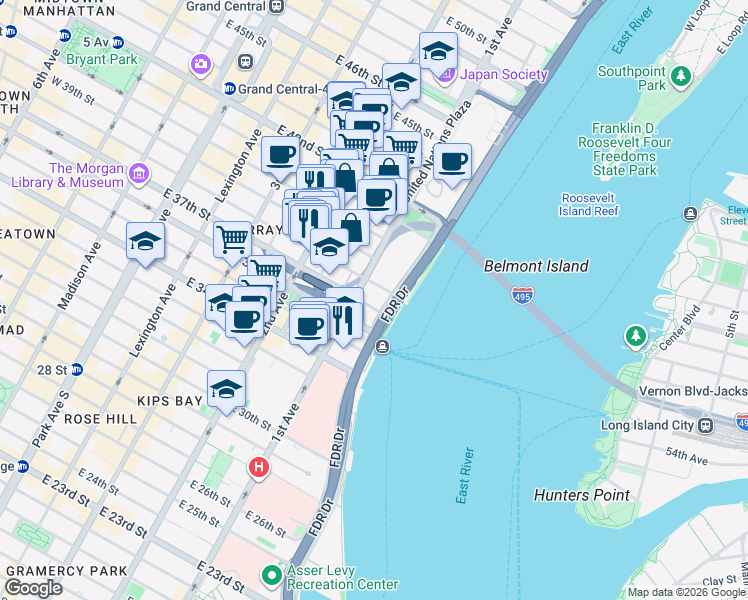 map of restaurants, bars, coffee shops, grocery stores, and more near 410 East 38th Street in New York