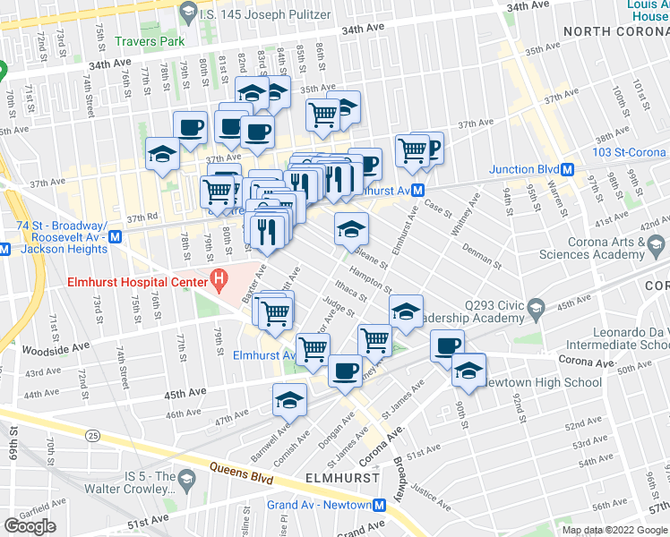 map of restaurants, bars, coffee shops, grocery stores, and more near Britton Avenue in Queens