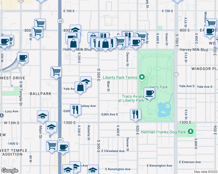 map of restaurants, bars, coffee shops, grocery stores, and more near 1059 Blair Street East in Salt Lake City