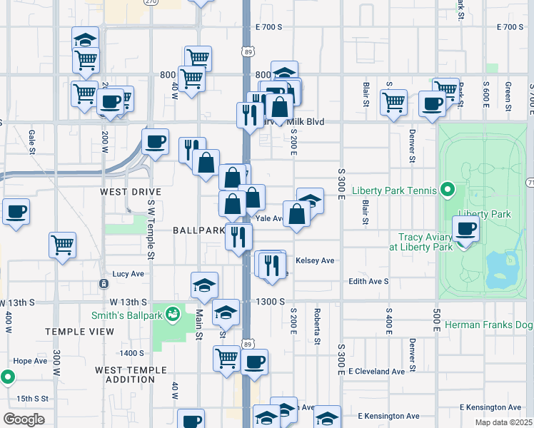map of restaurants, bars, coffee shops, grocery stores, and more near 154 Herbert Avenue South in Salt Lake City