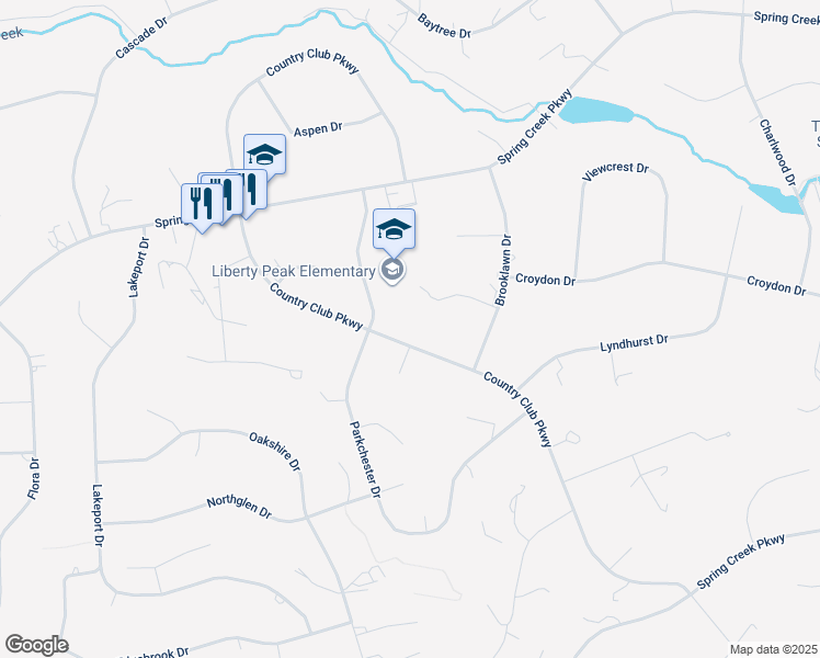 map of restaurants, bars, coffee shops, grocery stores, and more near 276 Country Club Parkway in Spring Creek