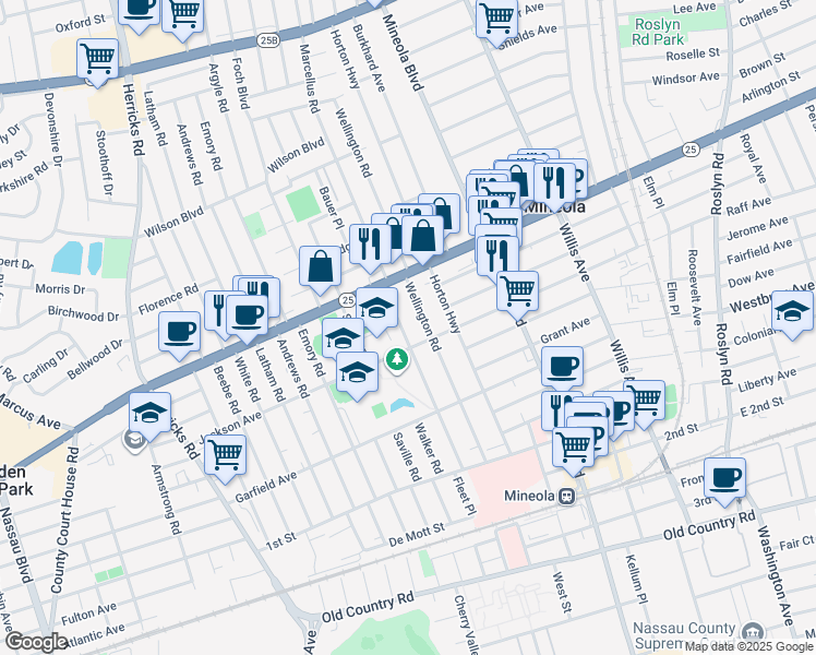 map of restaurants, bars, coffee shops, grocery stores, and more near 250 Marcellus Road in Mineola