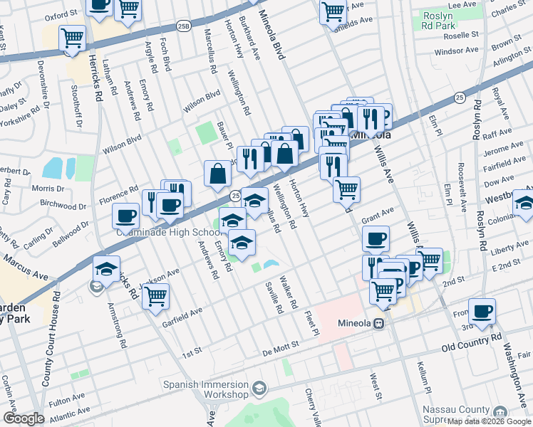map of restaurants, bars, coffee shops, grocery stores, and more near 250 Marcellus Road in Mineola