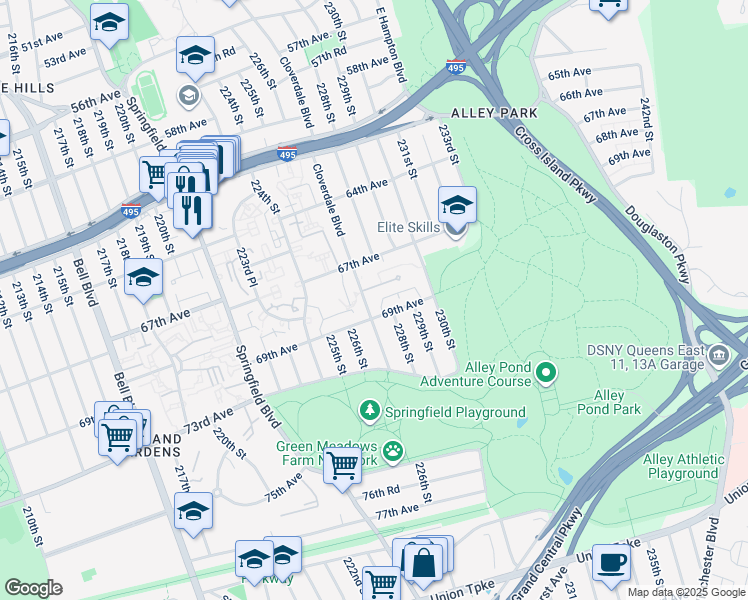 map of restaurants, bars, coffee shops, grocery stores, and more near 67-27 Cloverdale Boulevard in Queens