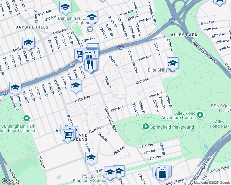 map of restaurants, bars, coffee shops, grocery stores, and more near 6524 223rd Place in Queens