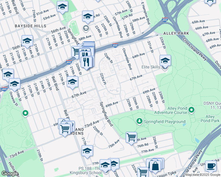 map of restaurants, bars, coffee shops, grocery stores, and more near 6524 223rd Place in Queens