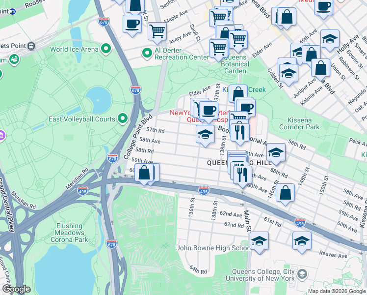 map of restaurants, bars, coffee shops, grocery stores, and more near 134-35 58th Avenue in Queens