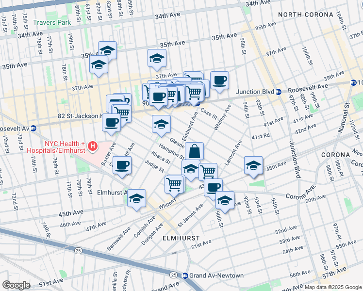 map of restaurants, bars, coffee shops, grocery stores, and more near 88-11 Elmhurst Avenue in Queens