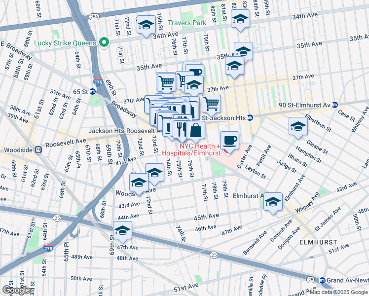 map of restaurants, bars, coffee shops, grocery stores, and more near 75-32 Broadway in Queens