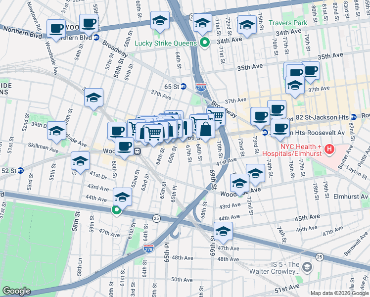 map of restaurants, bars, coffee shops, grocery stores, and more near in Queens