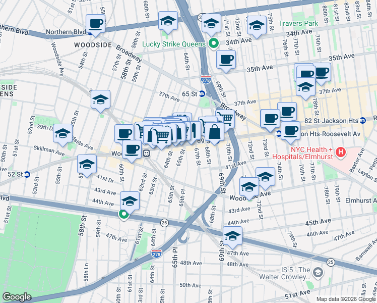 map of restaurants, bars, coffee shops, grocery stores, and more near 6417 39th Avenue in Queens