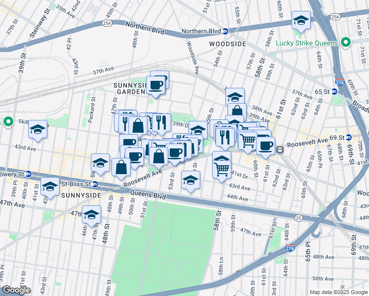 map of restaurants, bars, coffee shops, grocery stores, and more near 53-03 Skillman Avenue in Queens