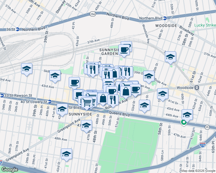 map of restaurants, bars, coffee shops, grocery stores, and more near in Queens