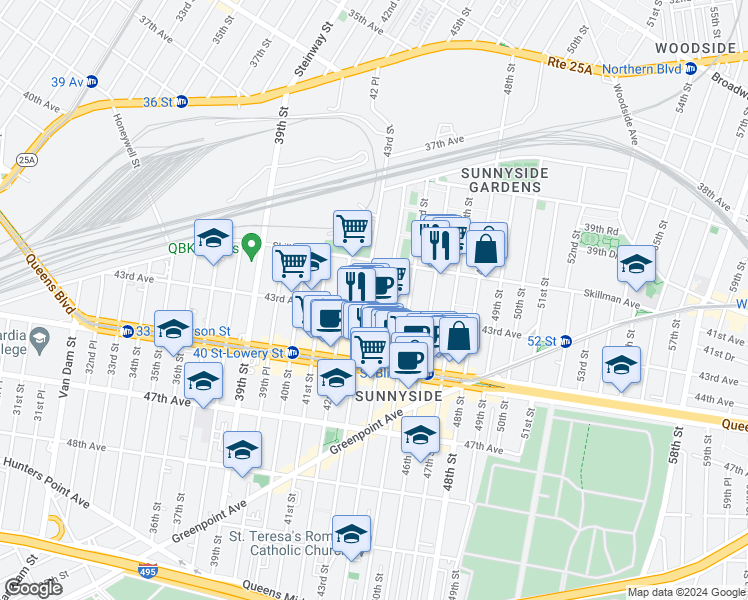 map of restaurants, bars, coffee shops, grocery stores, and more near 41-26 44th Street in Queens